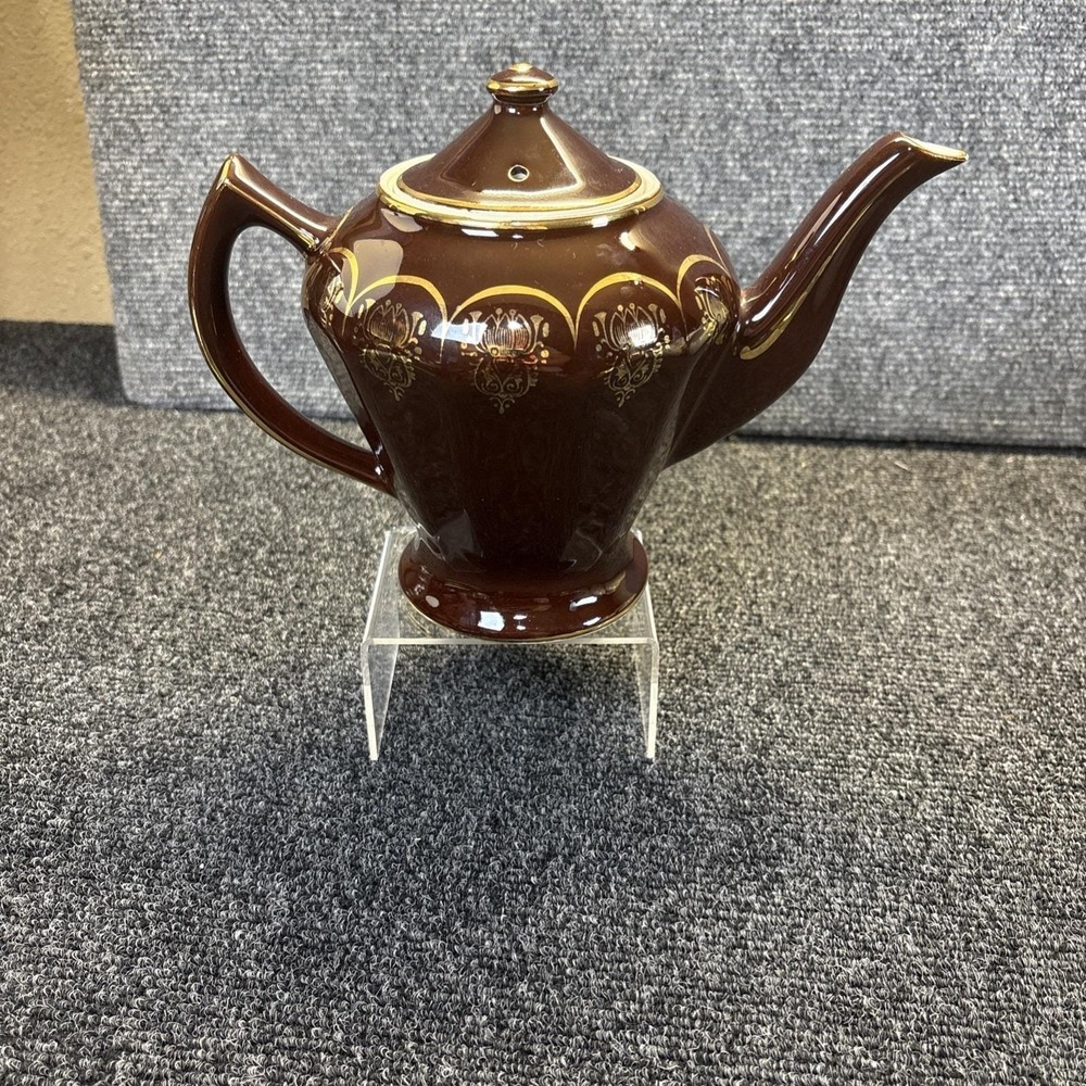 Vtg~Hall Brown and Gold Teapot~6 Cups~0227~Made in the USA